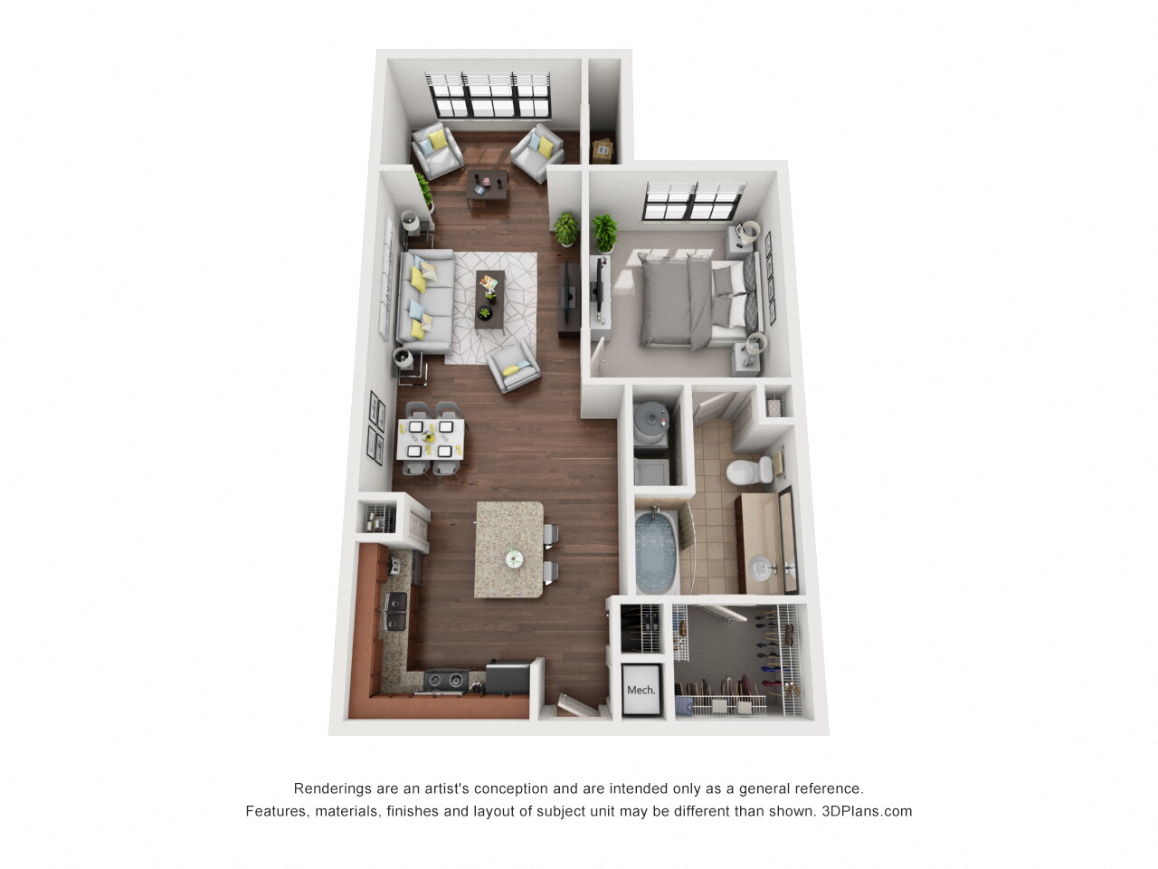 Floor plan for 1 bed, 1 bath, 895 sqft